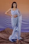 Buy_Payal & Zinal_Blue Satin Embroidered Geometric Square Neck Pre-draped Saree Set _at_Aza_Fashions