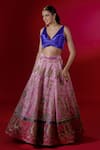 Payal & Zinal_Pink Thick Satin Embroidered Jungle V Neck Lehenga Set _Online_at_Aza_Fashions