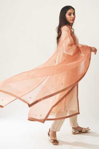 Buy_Dot_Orange Organza Embroidered Dupatta _at_Aza_Fashions