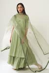 Buy_Dot_Green Cotton, Organza V Neck Kurta Set With Embroidered Dupatta _at_Aza_Fashions