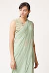 Shop_Dot_Green Chanderi V Neck Saree With Blouse _at_Aza_Fashions