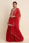 Buy_Priyanka Jain_Red Dupion Embroidery Thread V Neck Georgette Kurta Lehenga Set _at_Aza_Fashions