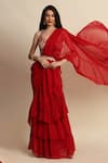 Buy_Priyanka Jain_Red Dupion And Georgette Lining Shantoon Embroidery Ruffle Saree With Blouse _at_Aza_Fashions