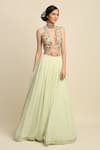 Buy_Priyanka Jain_Green Chanderi Embroidery Thread V Neck Lehenga Set _Online_at_Aza_Fashions