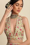 Shop_Priyanka Jain_Green Chanderi Embroidery Thread V Neck Lehenga Set _Online_at_Aza_Fashions