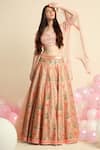 Buy_Priyanka Jain_Peach Organza, Dupion Silk Floral Square Neck Embroidered Bridal Lehenga Set _at_Aza_Fashions