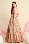 Shop_Priyanka Jain_Peach Organza, Dupion Silk Floral Square Neck Embroidered Bridal Lehenga Set _at_Aza_Fashions