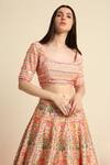 Shop_Priyanka Jain_Peach Organza, Dupion Silk Floral Square Neck Embroidered Bridal Lehenga Set _Online_at_Aza_Fashions