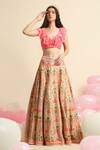 Buy_Priyanka Jain_Peach Dupion , Crepe Floral V Neck Embroidered Lehenga And Blouse Set _at_Aza_Fashions
