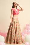Priyanka Jain_Peach Dupion , Crepe Floral V Neck Embroidered Lehenga And Blouse Set _Online_at_Aza_Fashions