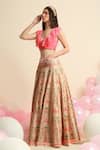 Buy_Priyanka Jain_Peach Dupion , Crepe Floral V Neck Embroidered Lehenga And Blouse Set _Online_at_Aza_Fashions