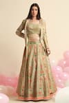 Buy_Priyanka Jain_Green Dupion Silk Embroidered Floral Jacket Open Lehenga Set _at_Aza_Fashions