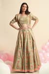 Buy_Priyanka Jain_Green Dupion Silk Embroidered Floral Jacket Open Lehenga Set _Online_at_Aza_Fashions