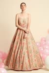 Buy_Priyanka Jain_Peach Dupion Silk Floral Sweetheart Neck Embroidered Gown _at_Aza_Fashions