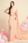 Buy_Priyanka Jain_Peach Dupion Silk Embroidered Floral Sweetheart Pre-draped Saree With Blouse _at_Aza_Fashions