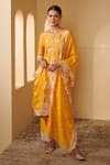 Buy_Mulmul_Yellow 100% Pure Mulmul Embroidered Floral V Periyar Kurta Pant Set _at_Aza_Fashions