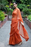 Buy_Deep Thee_Orange Organza Embroidery Floral Plunge V Saree With Blouse _at_Aza_Fashions