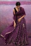 Deep Thee_Purple Velvet Embroidered Thread Work V Neck Floral Lehenga Set _Online_at_Aza_Fashions