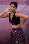 Buy_Deep Thee_Purple Velvet Embroidered Thread Work V Neck Floral Lehenga Set _Online_at_Aza_Fashions