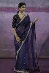 Buy_Deep Thee_Blue Velvet Embroidered Thread Work V Neck Floral Saree With Blouse _at_Aza_Fashions