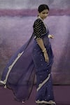 Shop_Deep Thee_Blue Velvet Embroidered Thread Work V Neck Floral Saree With Blouse _at_Aza_Fashions