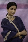 Buy_Deep Thee_Blue Velvet Embroidered Thread Work V Neck Floral Saree With Blouse _Online_at_Aza_Fashions