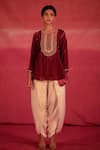 Deep Thee_Red Velvet Embroidered Thread Work Round Kurta And Dhoti Pant Set _Online_at_Aza_Fashions
