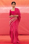 Buy_Deep Thee_Pink Silk Embroidered Thread Work V Neck Floral Saree With Blouse _at_Aza_Fashions