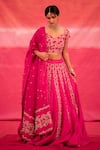 Buy_Deep Thee_Pink Organza Embroidered Thread Work V Neck Floral Jaal Lehenga Set _Online_at_Aza_Fashions