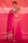 Shop_Deep Thee_Pink Organza Embroidered Thread Work V Neck Floral Jaal Lehenga Set _Online_at_Aza_Fashions