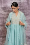 Label Niti Bothra_Blue Chanderi Embroidered Resham Work V Neck Dori Kurta And Palazzo Set _at_Aza_Fashions