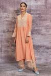Buy_Label Niti Bothra_Peach Chanderi Embroidered Resham Work V Neck Dori Kurta And Palazzo Set _at_Aza_Fashions