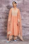 Shop_Label Niti Bothra_Peach Chanderi Embroidered Resham Work V Neck Dori Kurta And Palazzo Set _Online_at_Aza_Fashions