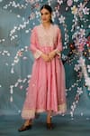 Buy_Label Niti Bothra_Pink Chanderi Embroidered Resham Work V Neck Dori Kurta And Palazzo Set _at_Aza_Fashions