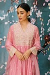 Shop_Label Niti Bothra_Pink Chanderi Embroidered Resham Work V Neck Dori Kurta And Palazzo Set _at_Aza_Fashions