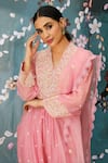 Label Niti Bothra_Pink Chanderi Embroidered Resham Work V Neck Dori Kurta And Palazzo Set _Online_at_Aza_Fashions