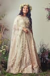 Buy_Priyanka Jain_Peach Chanderi Sequins, Pearls Embroidered Lehenga Set _at_Aza_Fashions
