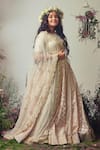 Shop_Priyanka Jain_Peach Chanderi Sequins, Pearls Embroidered Lehenga Set _at_Aza_Fashions