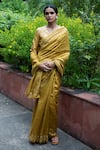 Buy_Deep Thee_Yellow Silk Embroidery Aari And Zardozi V Neck Border Saree With Blouse _at_Aza_Fashions