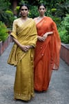 Shop_Deep Thee_Yellow Silk Embroidery Aari And Zardozi V Neck Border Saree With Blouse _at_Aza_Fashions