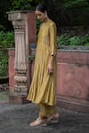 Deep Thee_Yellow Tissue Silk Embroidery Aari And Zardozi V Neck Kurta Set _Online_at_Aza_Fashions