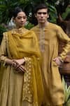 Deep Thee_Yellow Tissue Silk Embroidery Aari And Zardozi V Neck Kurta Set _at_Aza_Fashions