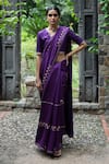 Buy_Deep Thee_Purple Silk Embroidery Paisley V Neck Saree With Blouse _at_Aza_Fashions