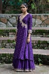 Shop_Deep Thee_Purple Silk Embroidery Paisley V Neck Angarkha Kurta Set _at_Aza_Fashions