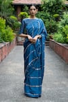 Buy_Deep Thee_Blue Silk Embroidery Stripes Boat Saree With Blouse _at_Aza_Fashions