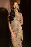 Shop_Abhishek Sharma_Beige Net Embroidered High Neck Dress_Online_at_Aza_Fashions