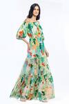 Buy_Mandira Wirk Resort_Green Cotton Lurex Tropical Print One Shoulder Off Dress _at_Aza_Fashions