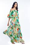 Mandira Wirk Resort_Green Cotton Lurex Tropical Print One Shoulder Off Dress _Online_at_Aza_Fashions