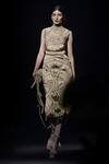Buy_Abhishek Sharma_Beige Net Silk Yarn Embellished Dress_at_Aza_Fashions