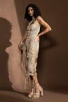 Buy_Abhishek Sharma_Beige Net Silk Yarn Embellished Dress_Online_at_Aza_Fashions